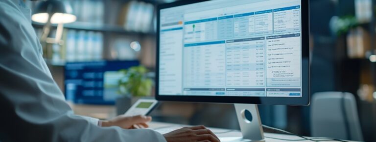 Arzt, der die Ergebnisse in einer elektronischen Gesundheitsakte (EHR) auf einem Computer überprüft